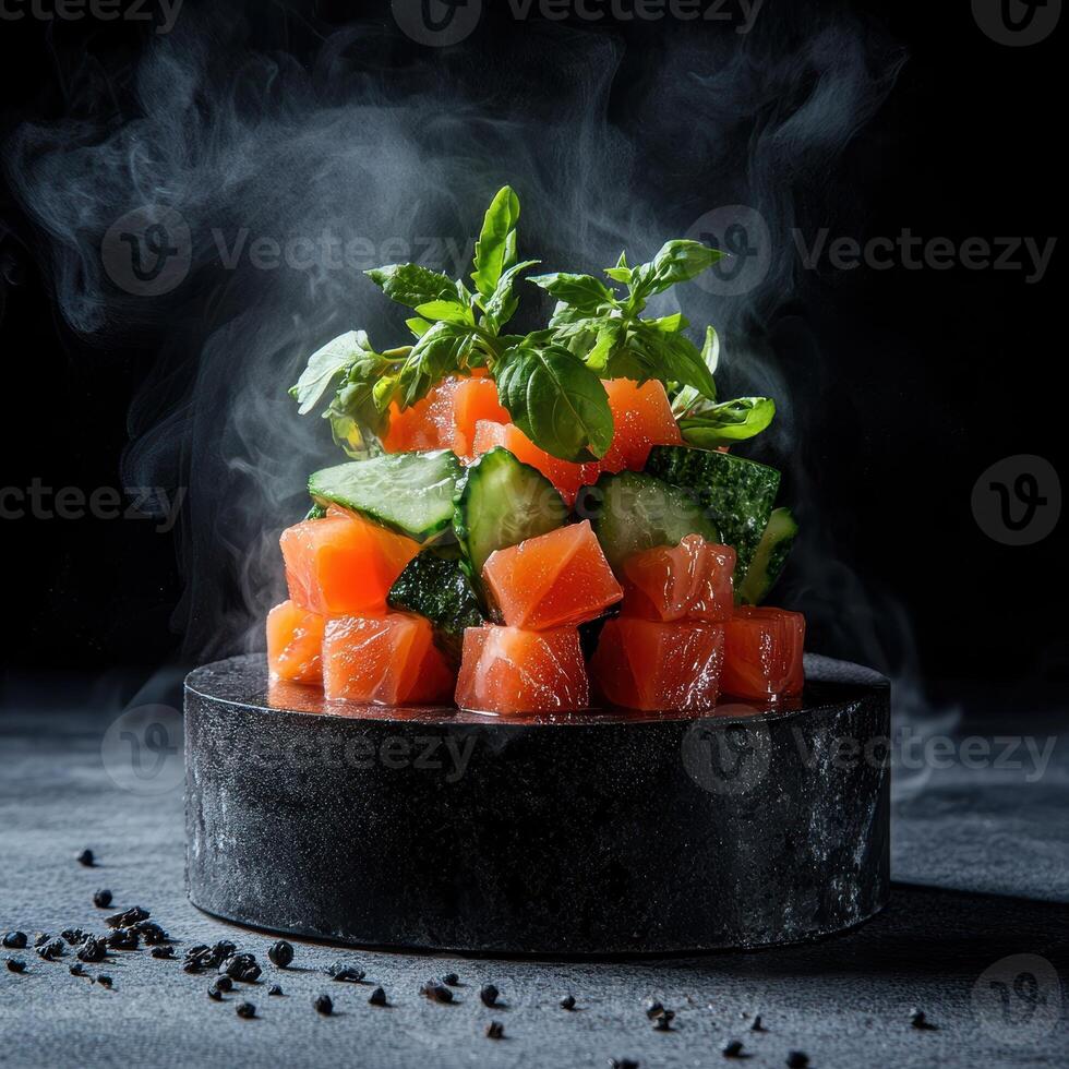 Smoked salmon and cucumber appetizer on black stone photo