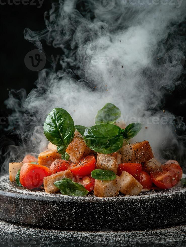 Smoky panzanella salad with fresh basil and tomatoes photo