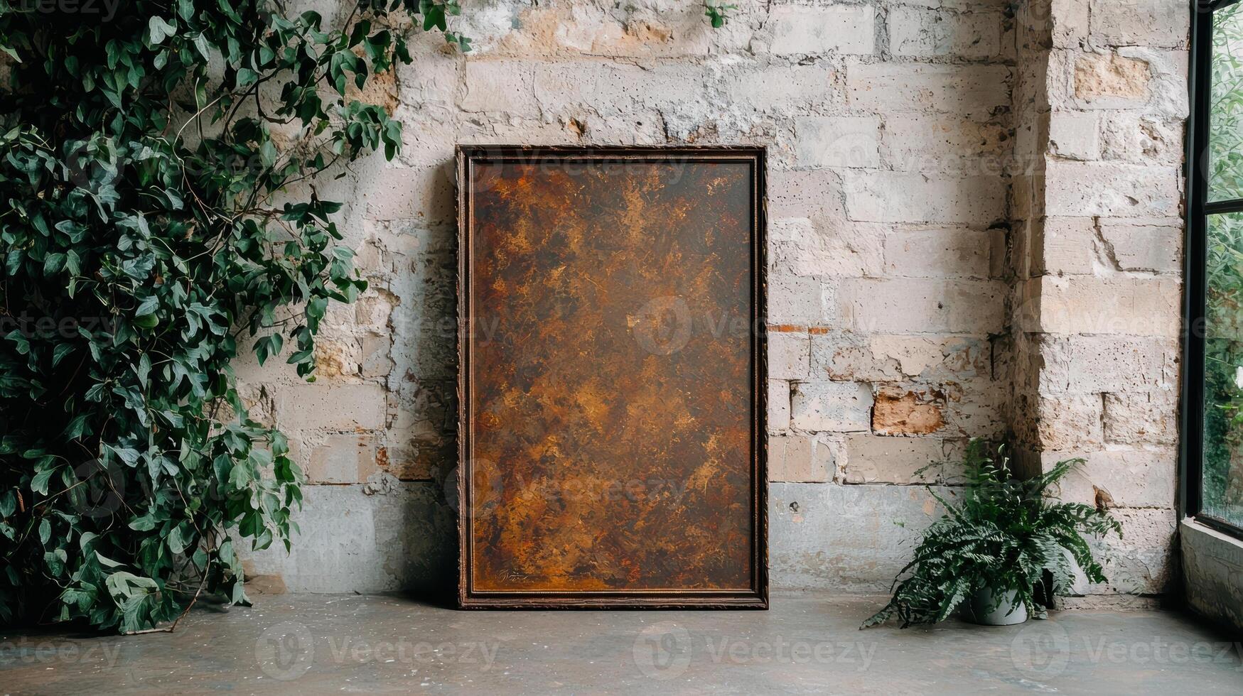 Rustic brown textured frame against a brick wall photo