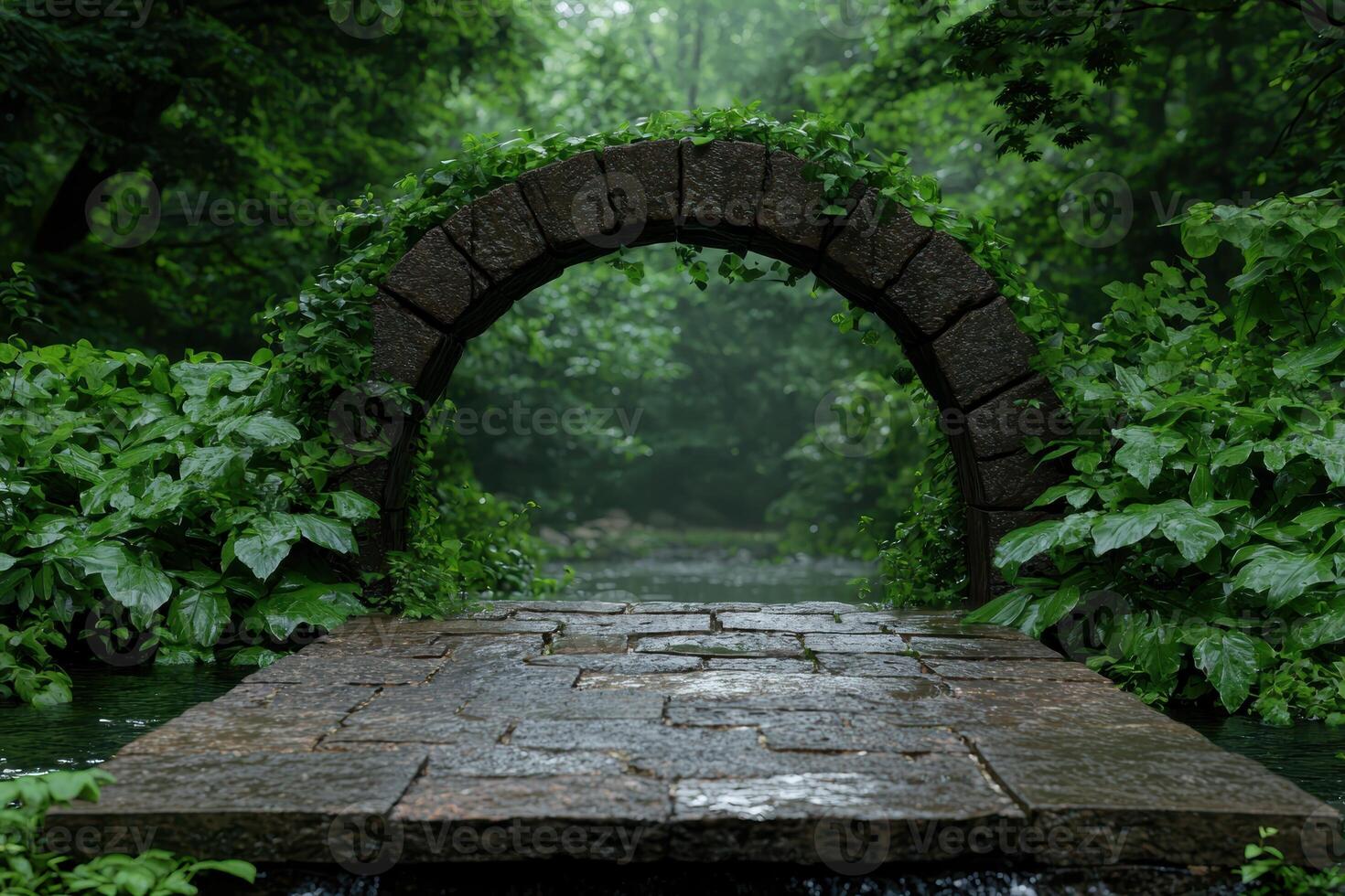 Stone archway leading to a tranquil stream in a lush forest photo