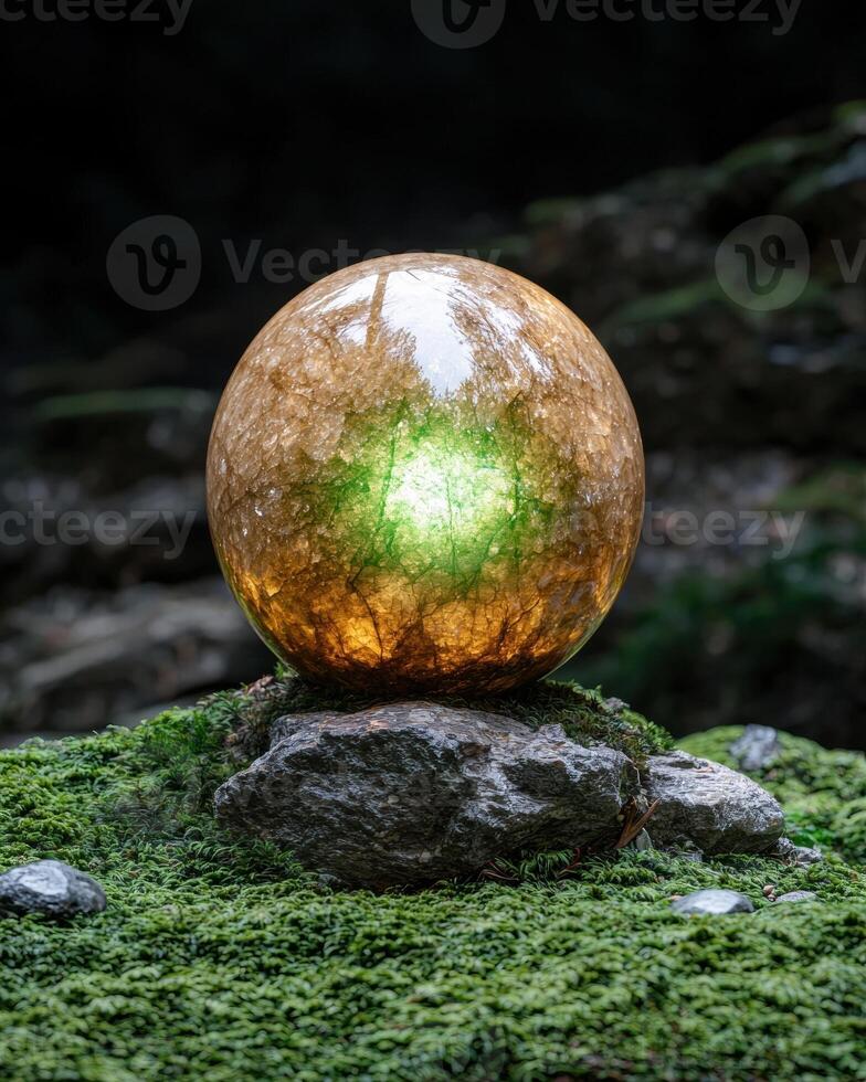 Glowing orb on mossy rock photo