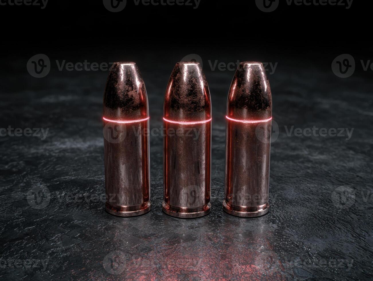 Three copper bullets with red glowing lines on a dark background photo