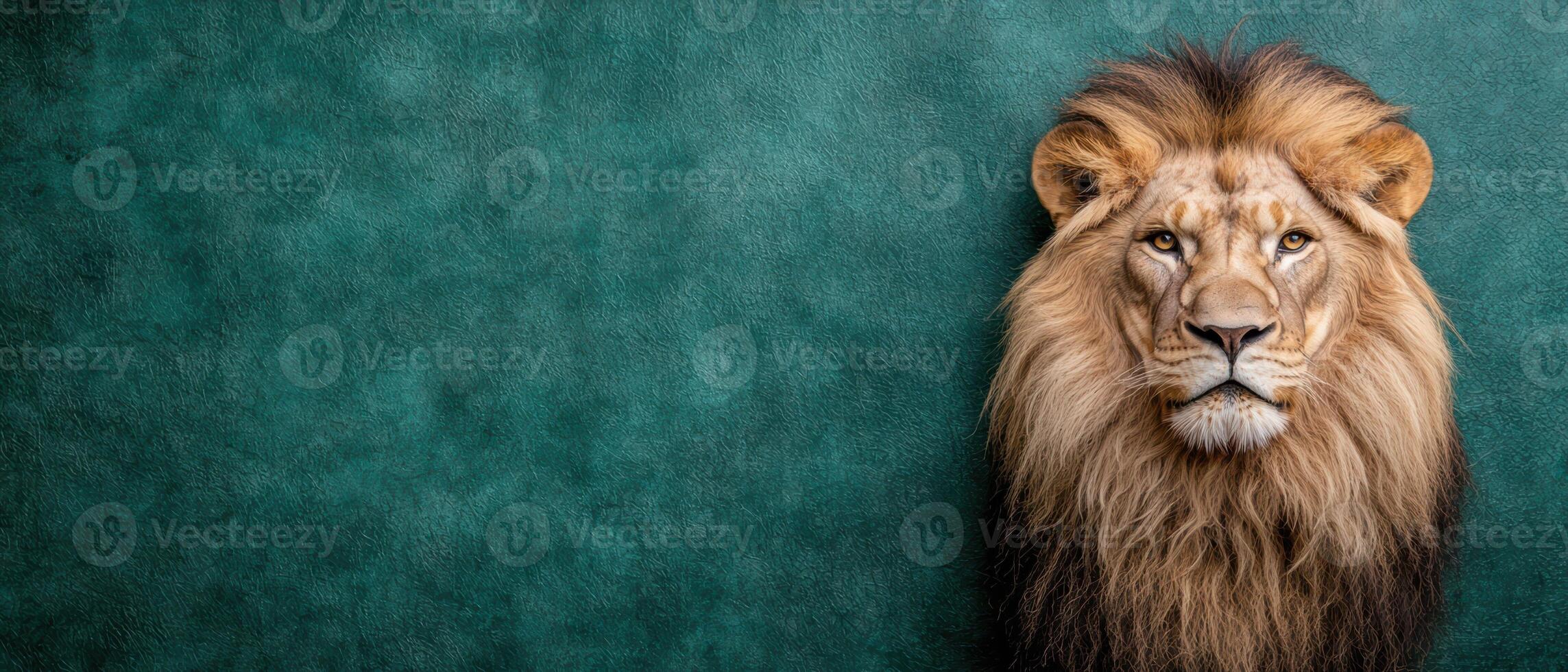Majestic lion portrait against a teal background photo