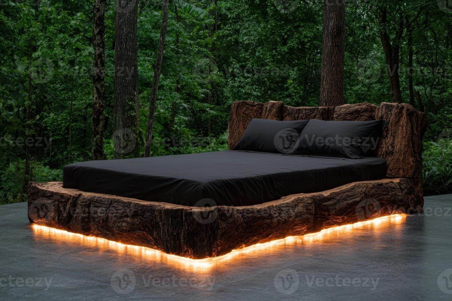 Rustic wooden bed frame with warm lighting in a forest setting photo