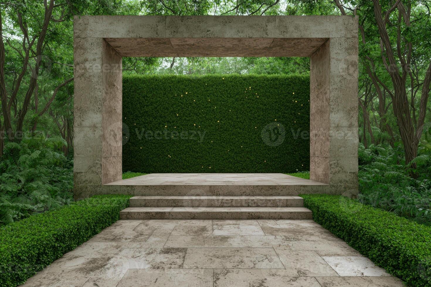 Stone steps leading to a lush green wall in a tranquil garden setting photo