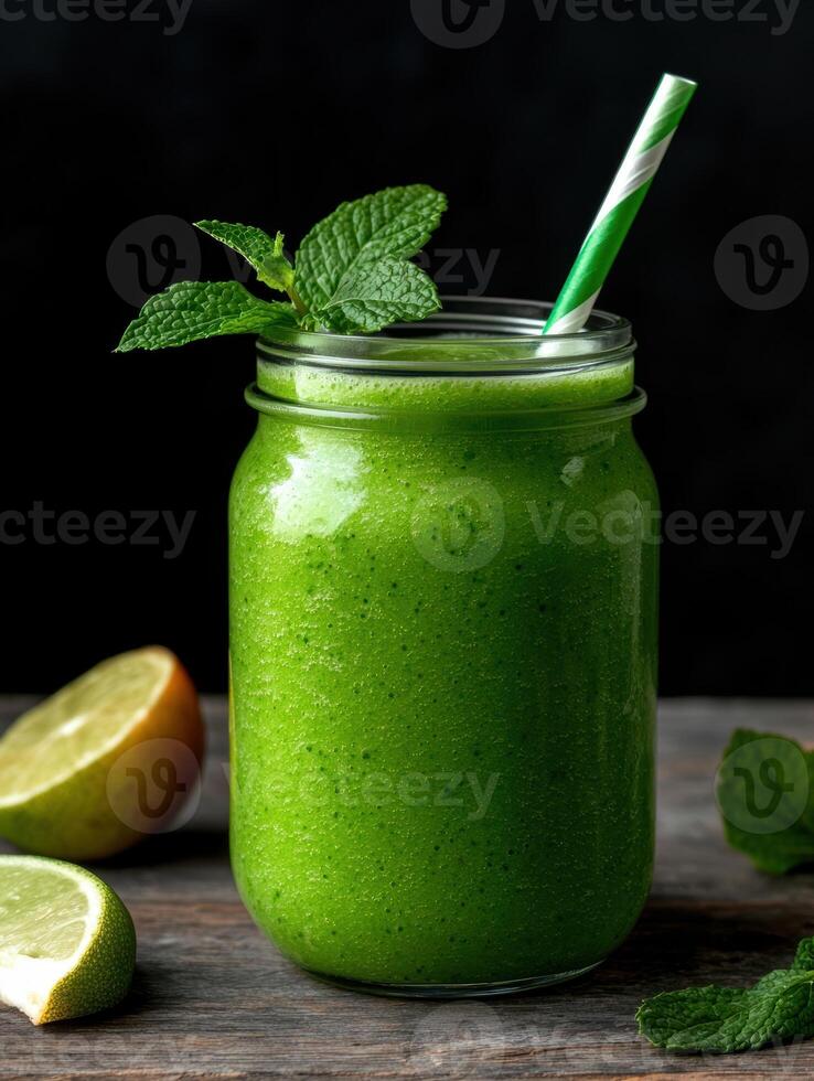 Refreshing green smoothie in a mason jar with lime and mint photo