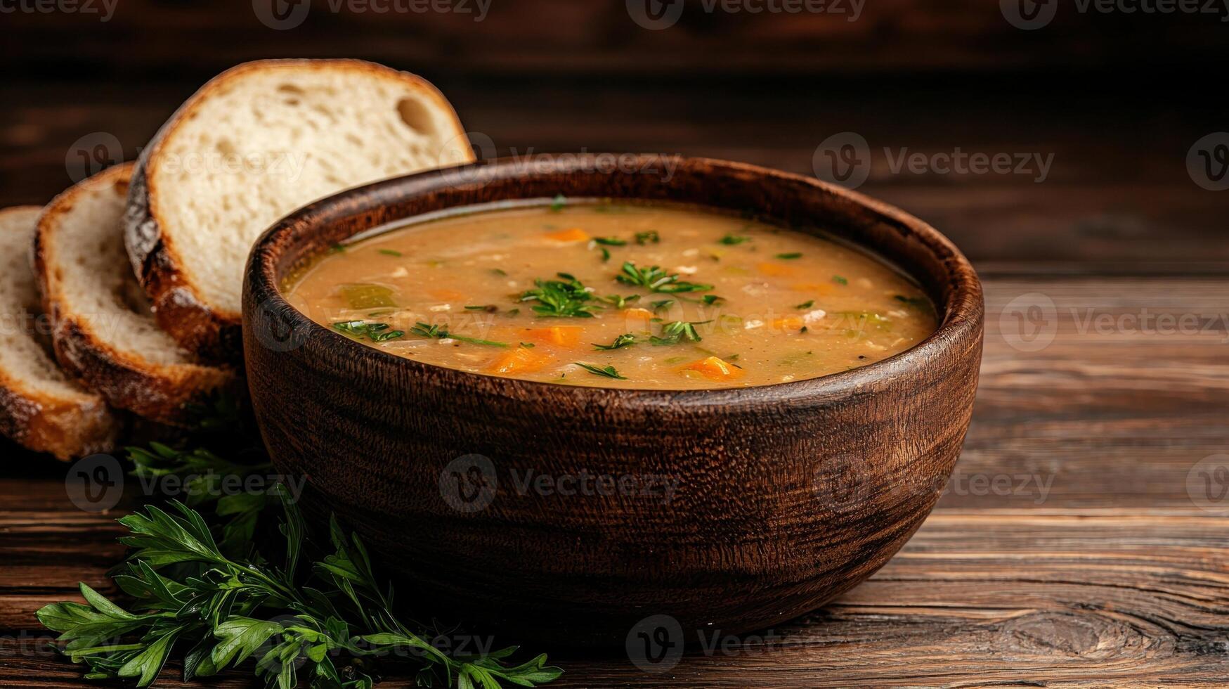 Hearty vegetable soup in a rustic bowl with crusty bread photo