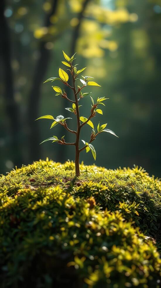 A small tree growing on top of a mossy rock photo