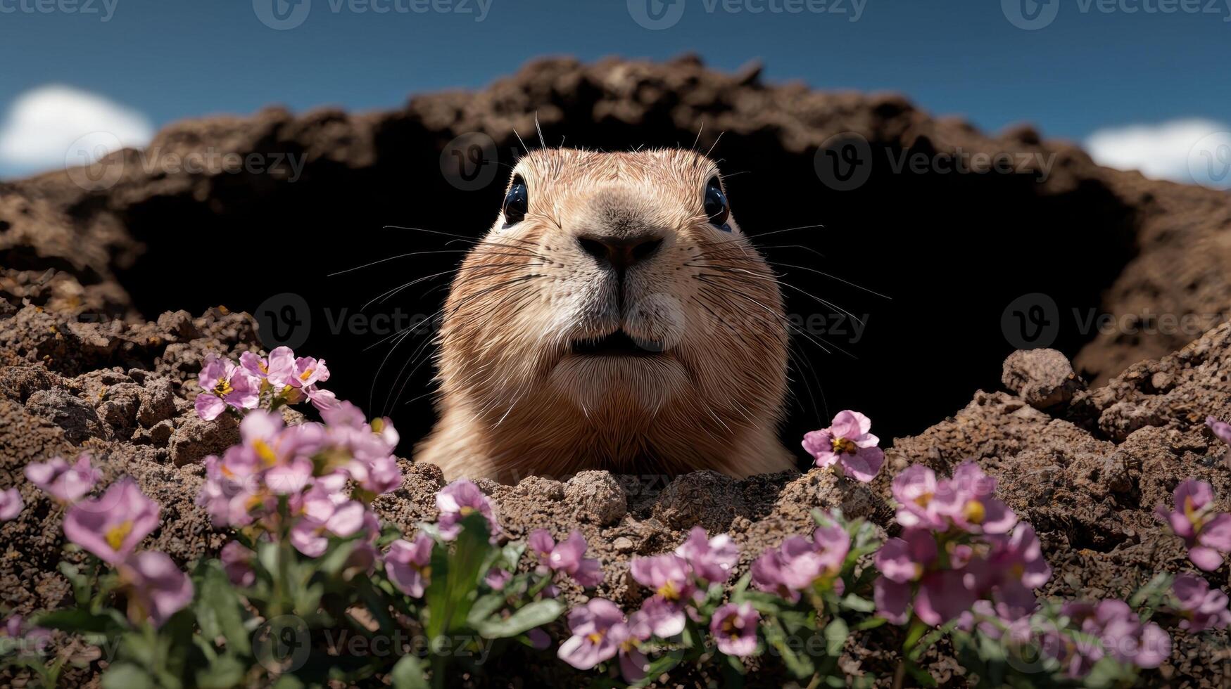 Prairie dog peeking out of its burrow photo