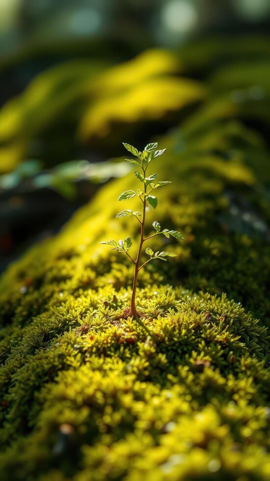 A small plant growing out of a mossy rock photo