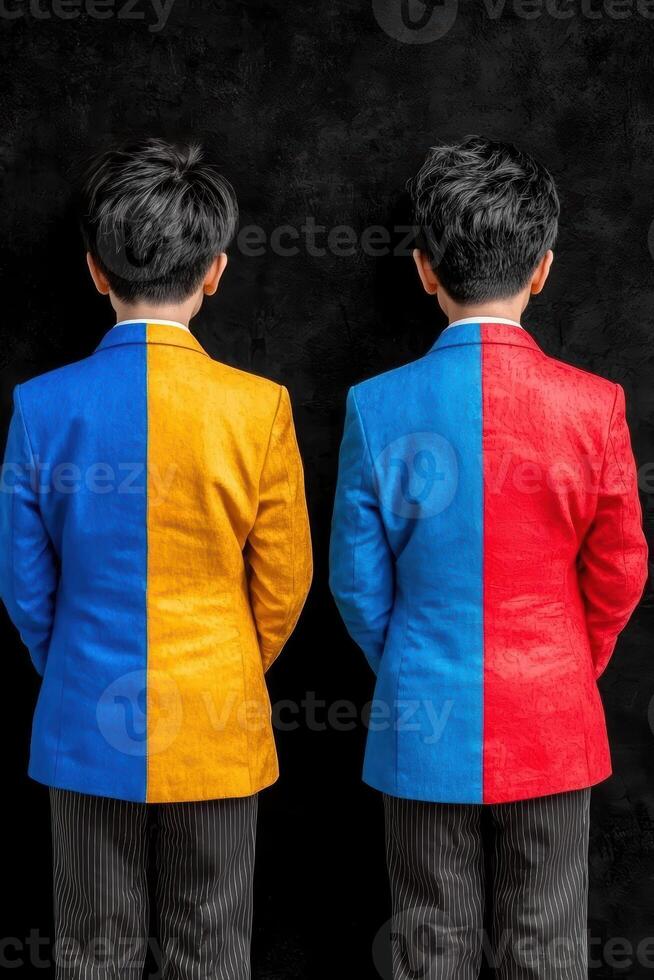 Two boys in suits with contrasting colors stand back to back photo
