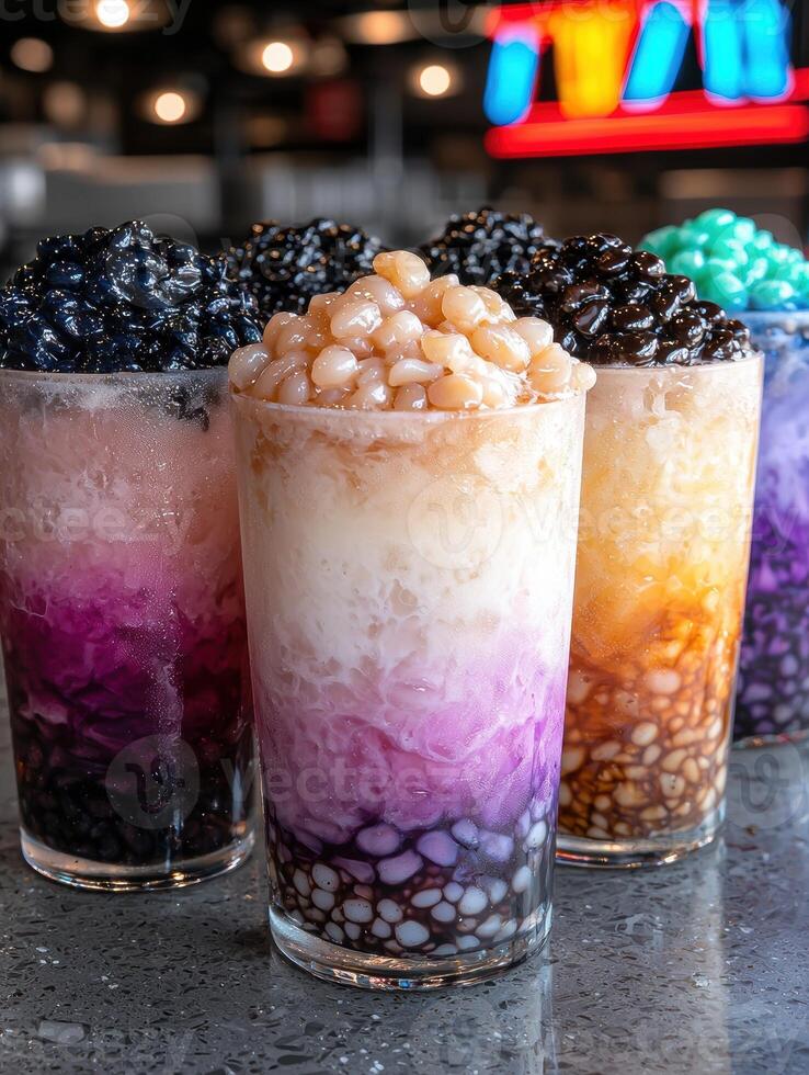 Colorful bubble tea drinks with tapioca pearls photo