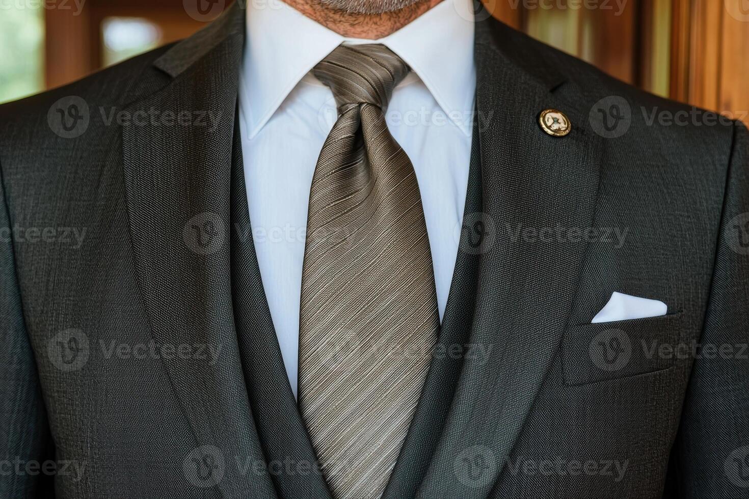 Close up of a man in a dark gray suit and brown tie photo