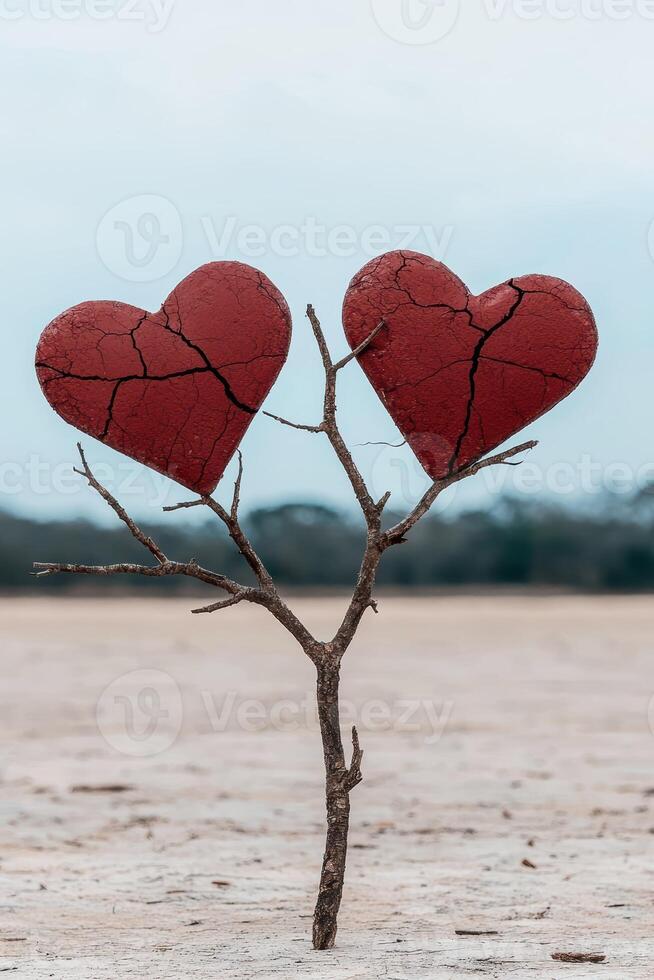 Broken hearts on a dead tree in a barren landscape photo
