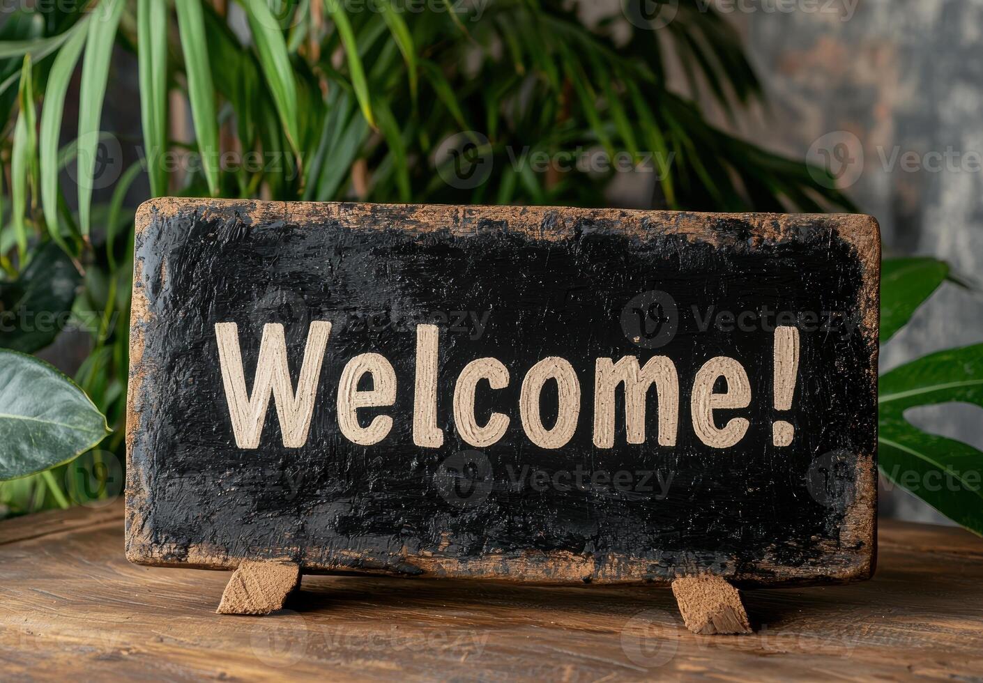 Rustic wooden welcome sign on a table photo