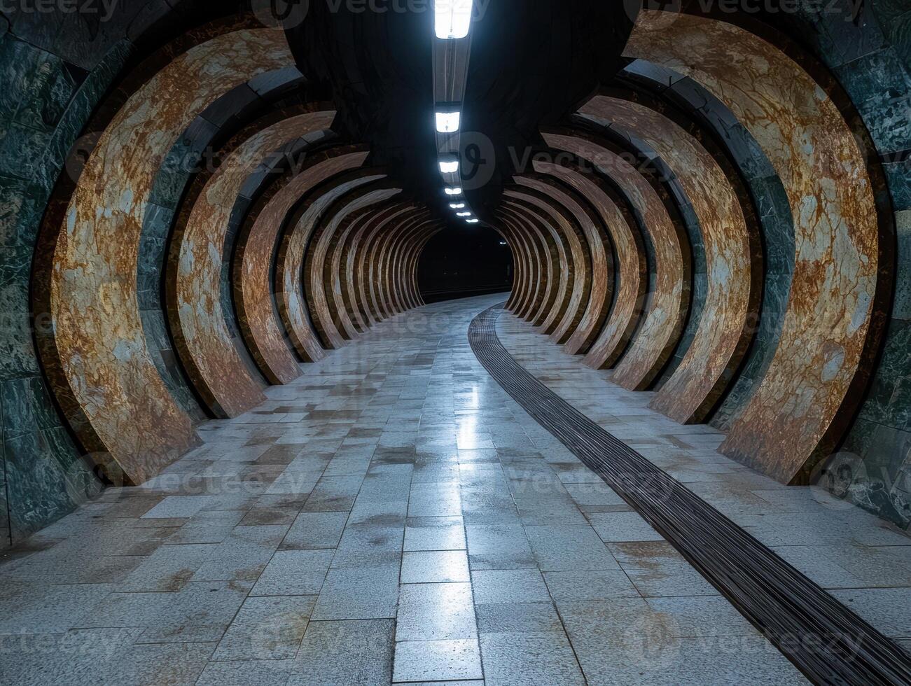 Abstract tunnel architecture with curved walls and tiled floor photo