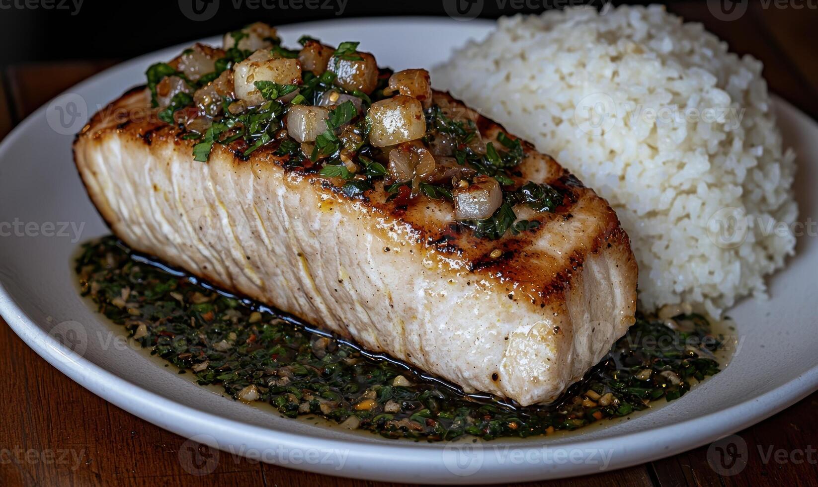 Grilled fish with rice and herb sauce photo