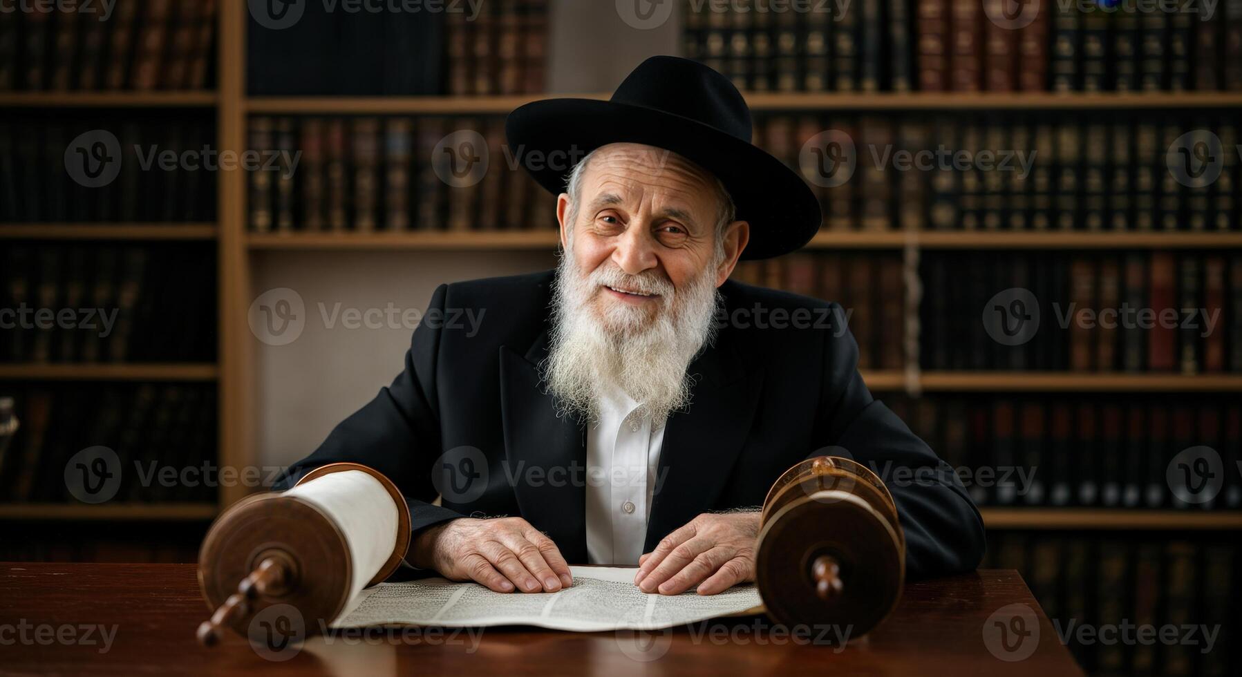 Elderly jewish male scholar engaged in religious study with torah scrolls in a traditional library setting photo