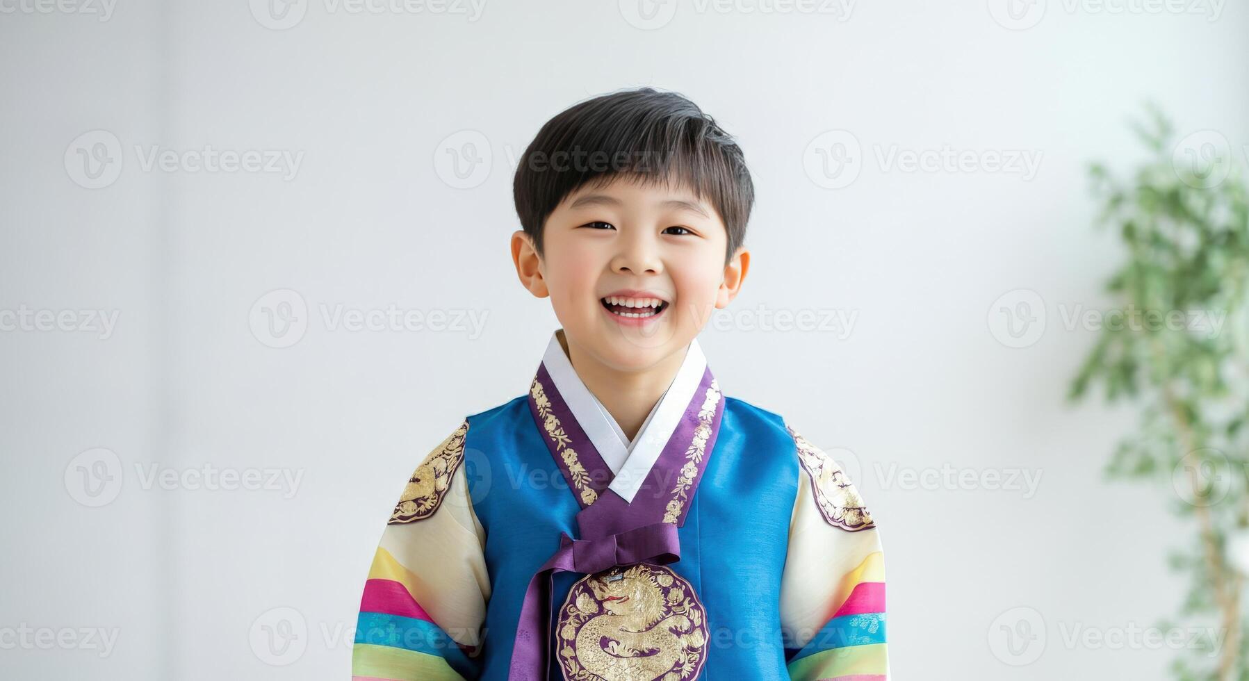 Cheerful asian child in traditional korean hanbok celebrating cultural heritage photo