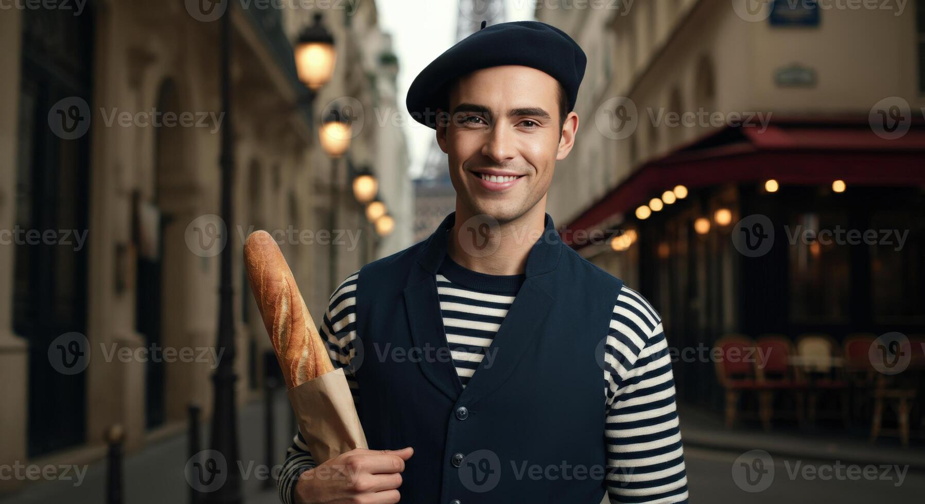 Young caucasian male enjoying parisian street with fresh baguette in classic beret attire photo