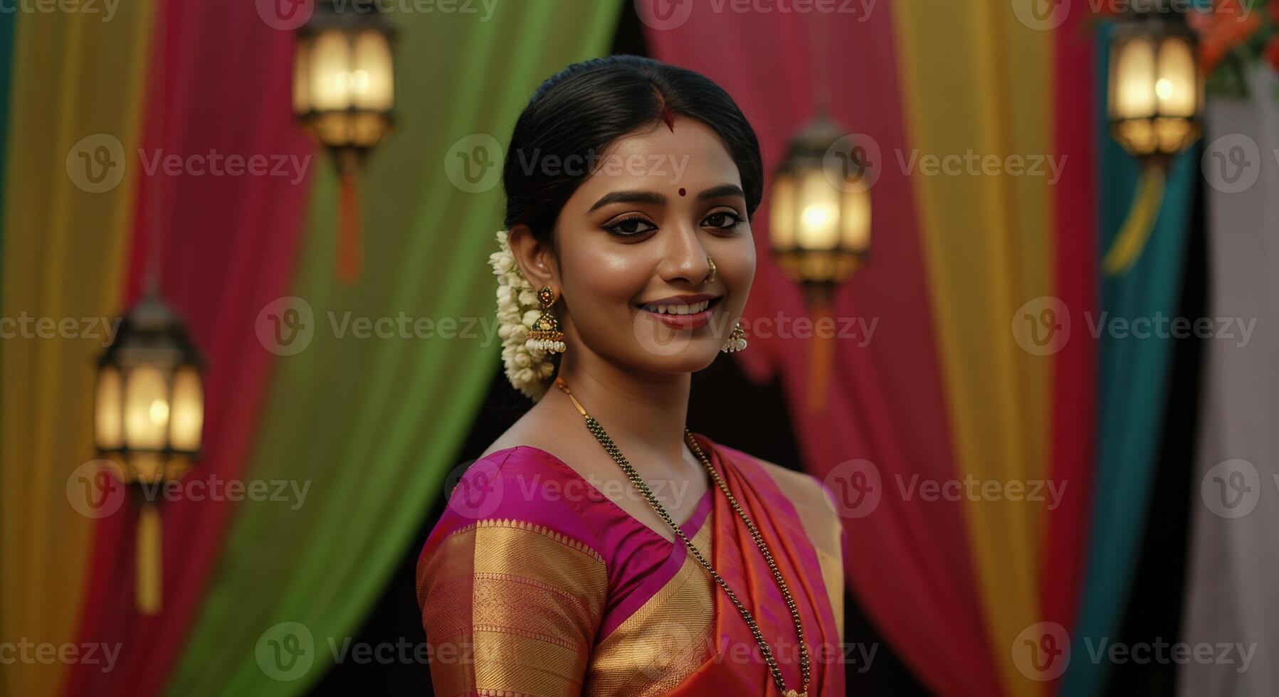 Traditional indian celebration with young asian woman in colorful saree and lantern decor photo