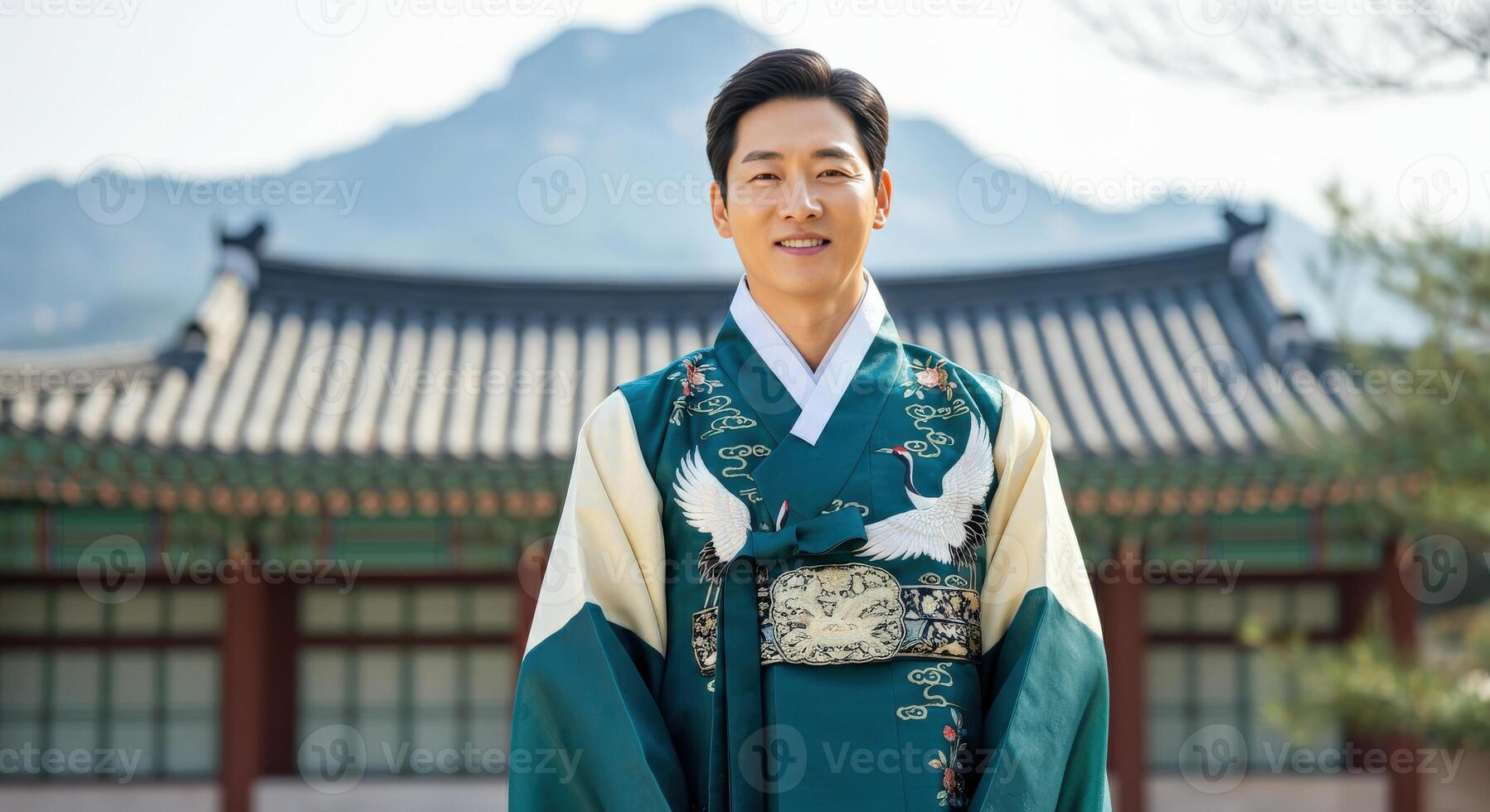 Traditional korean hanbok attire worn by young asian male in serene historical setting photo