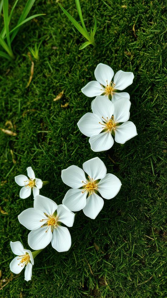 Three white flowers on a green grassy field photo