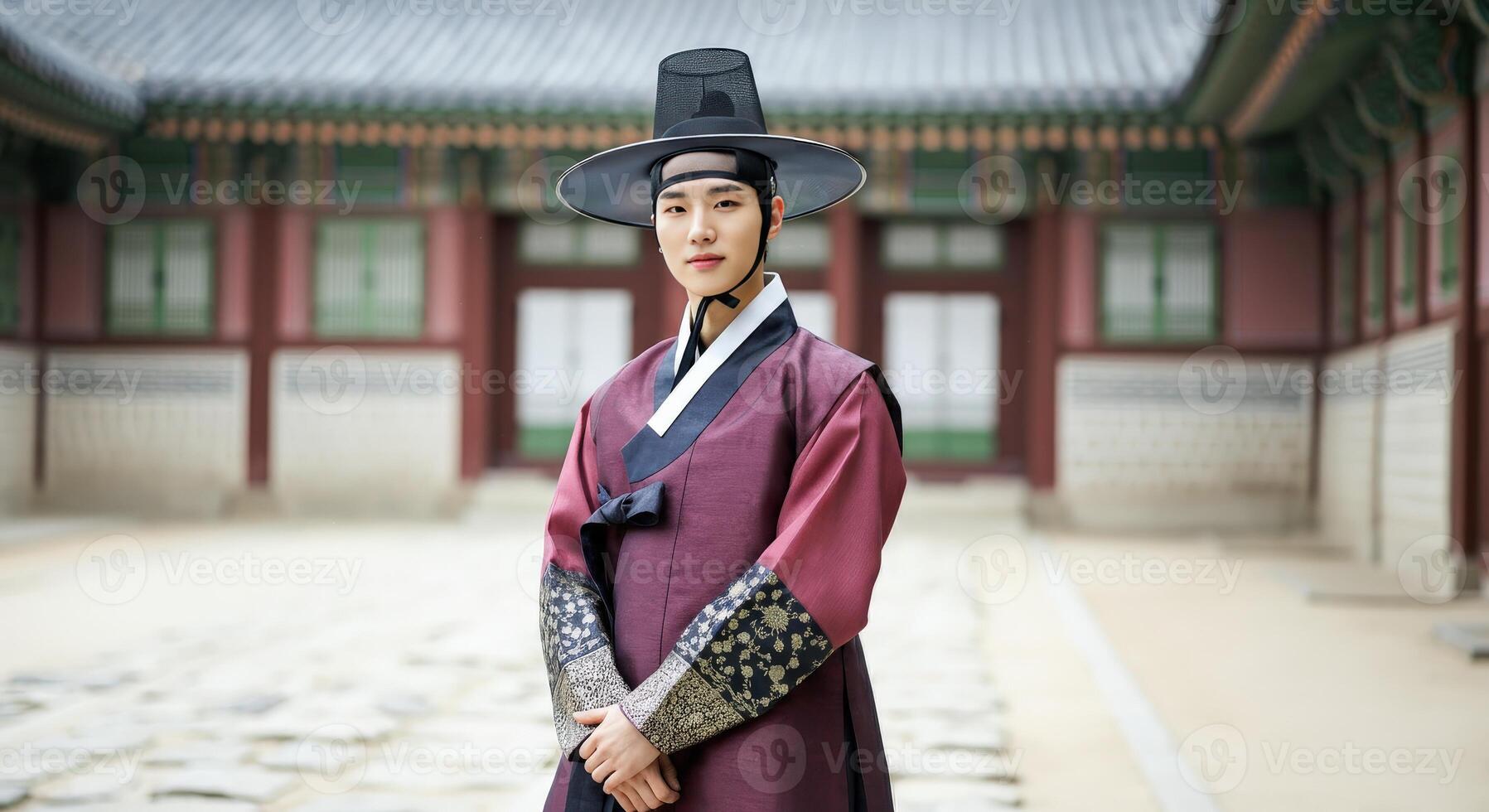 Traditional korean attire on young asian female in historical palace setting photo