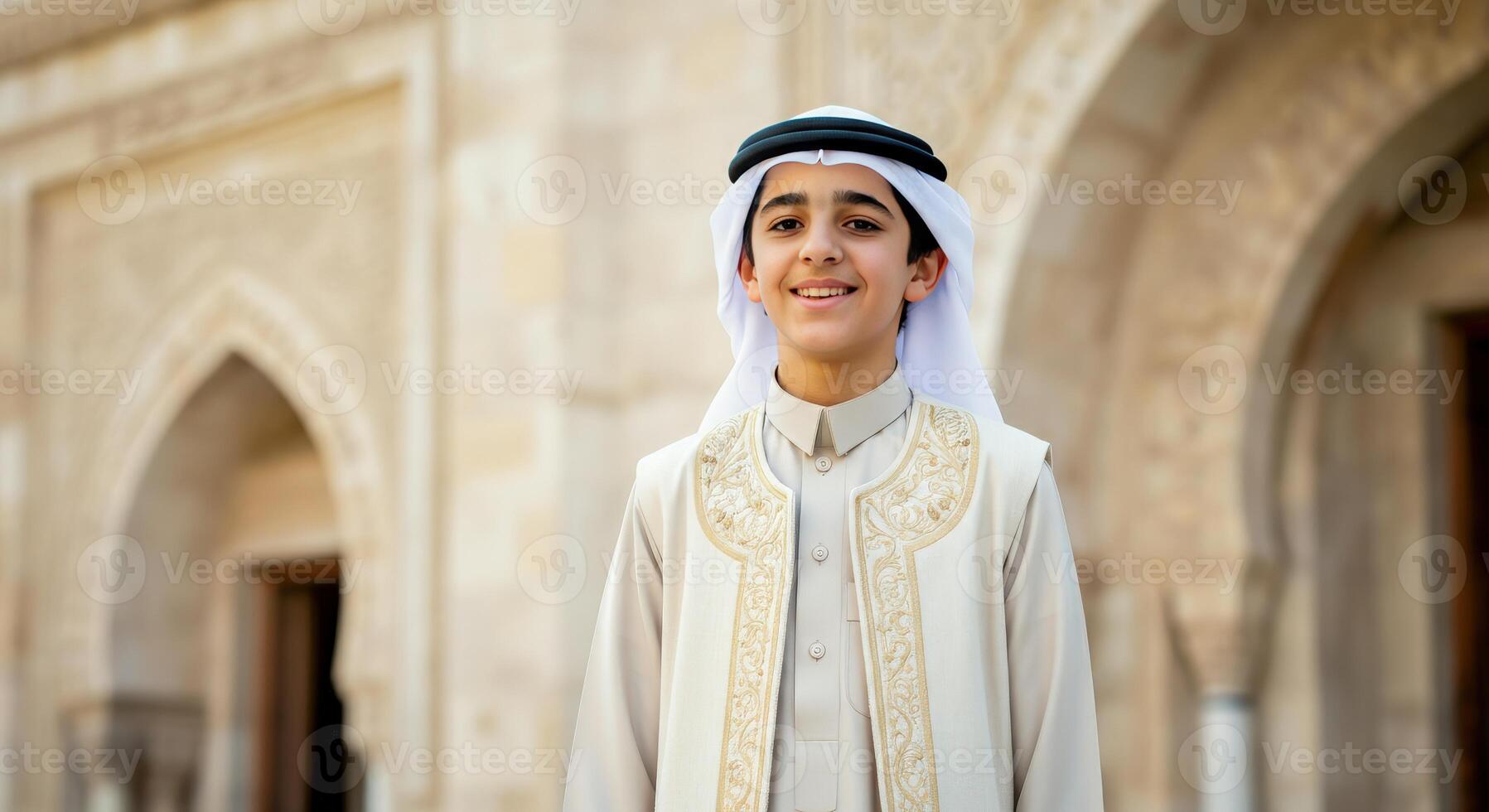 Middle eastern young male in traditional attire smiling in front of elegant architecture photo
