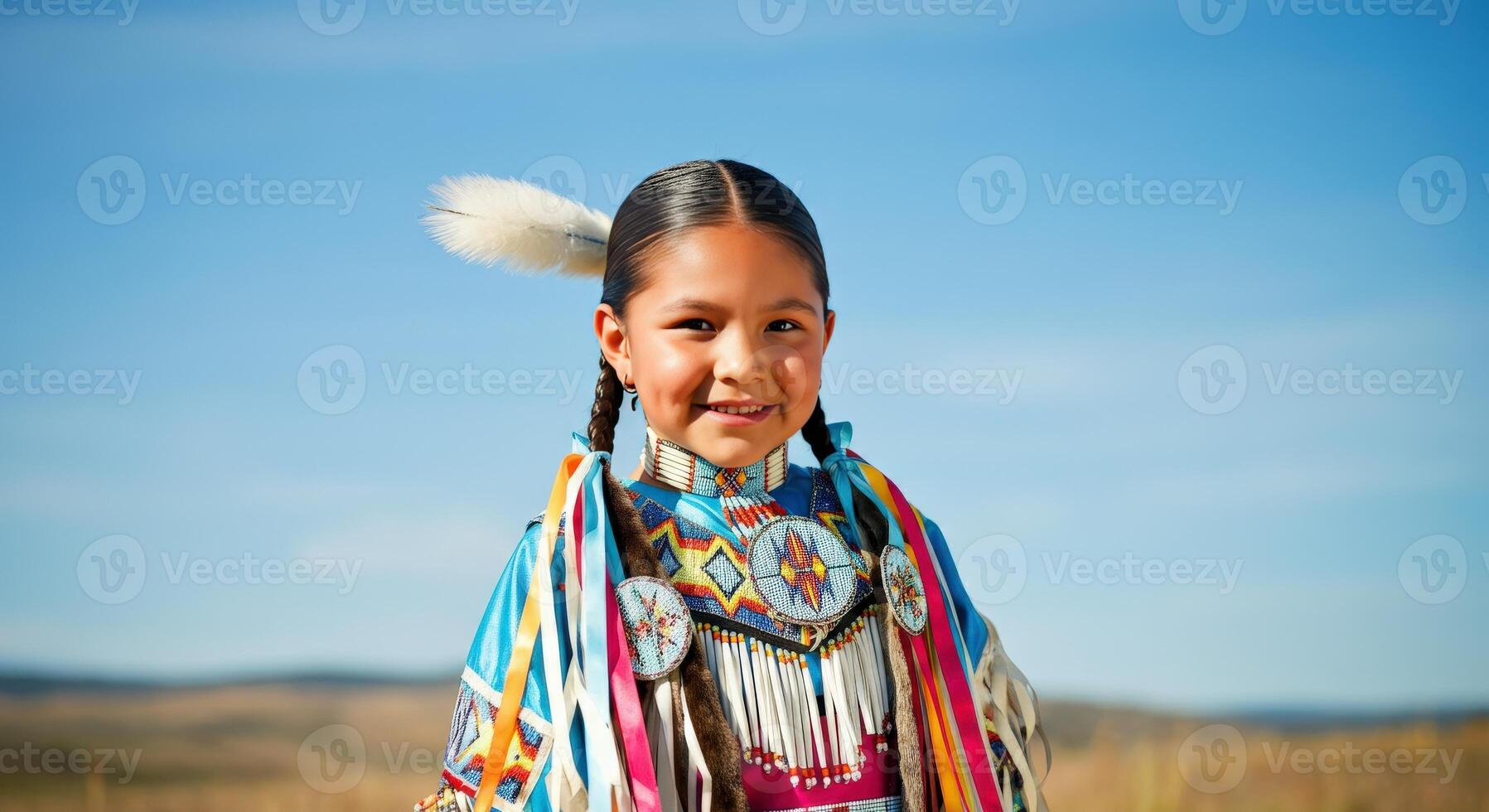 Native american child in traditional regalia smiling outdoors under clear blue sky photo