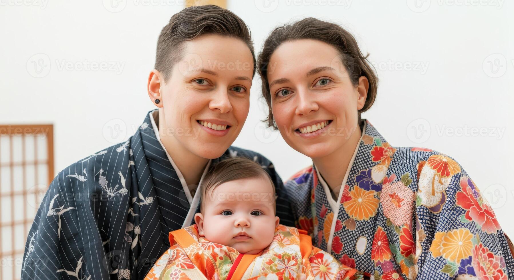 Family portrait of lgbtq couple with baby in traditional japanese attire celebrating diversity photo