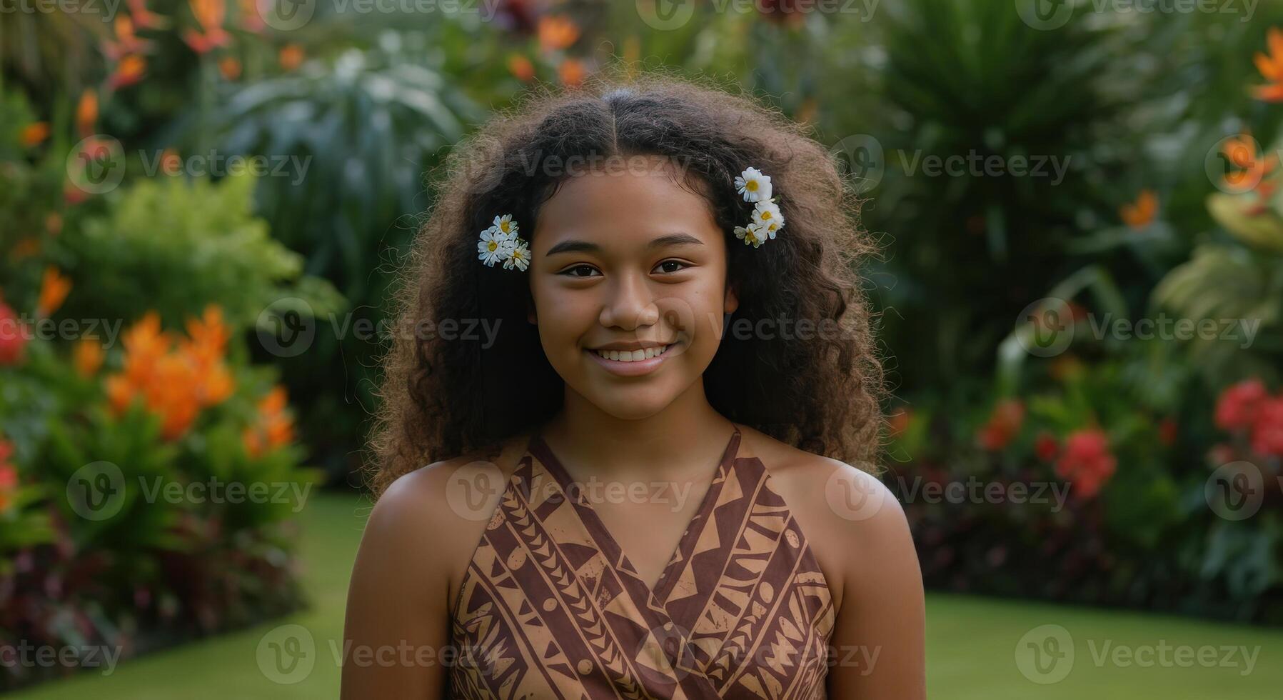 Young polynesian girl in vibrant tropical garden setting for cultural themes and seasonal concepts photo