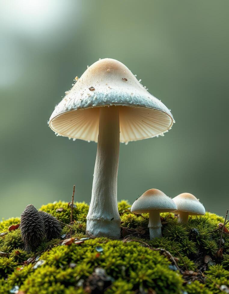 A group of mushrooms is standing on top of a mossy ground photo