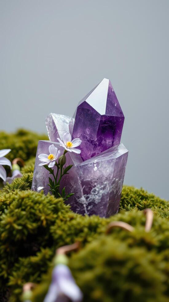 Amethyst crystal on moss with flowers photo