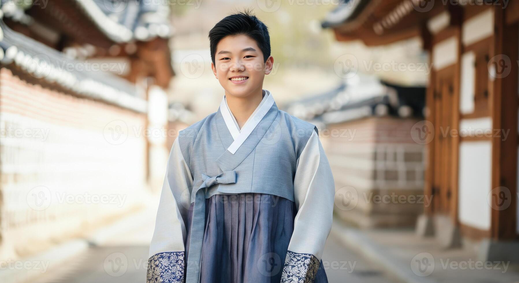 Young asian male in traditional korean hanbok in historical setting photo