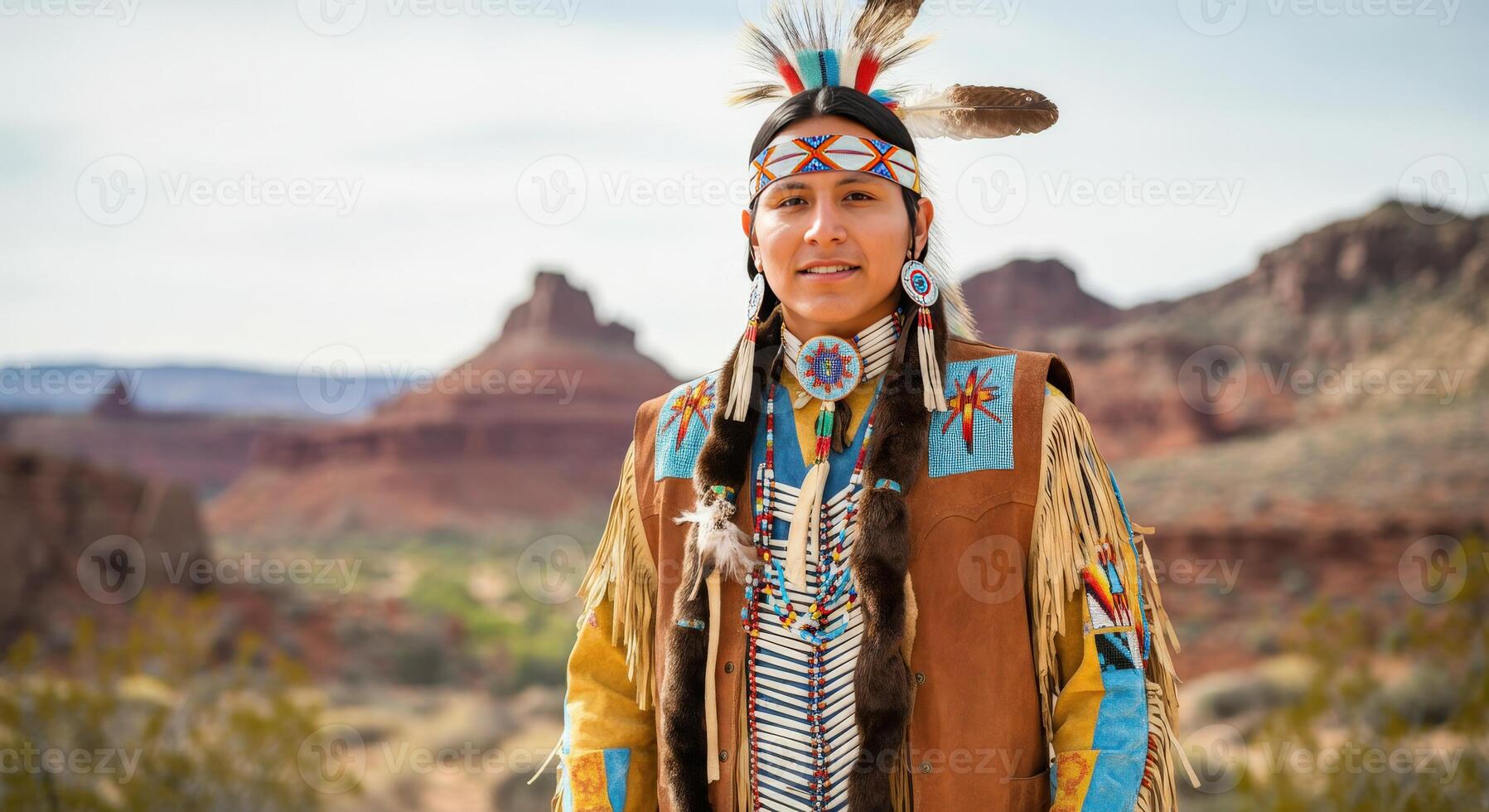 Native american in traditional attire in southwestern desert landscape photo