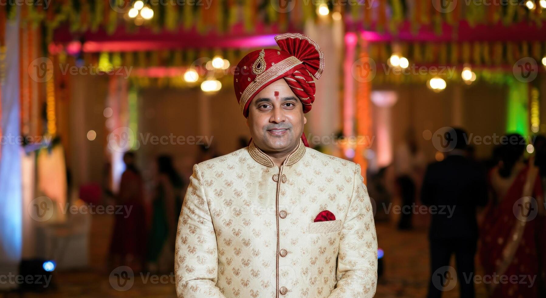 Traditional indian wedding celebration with groom in cultural attire photo
