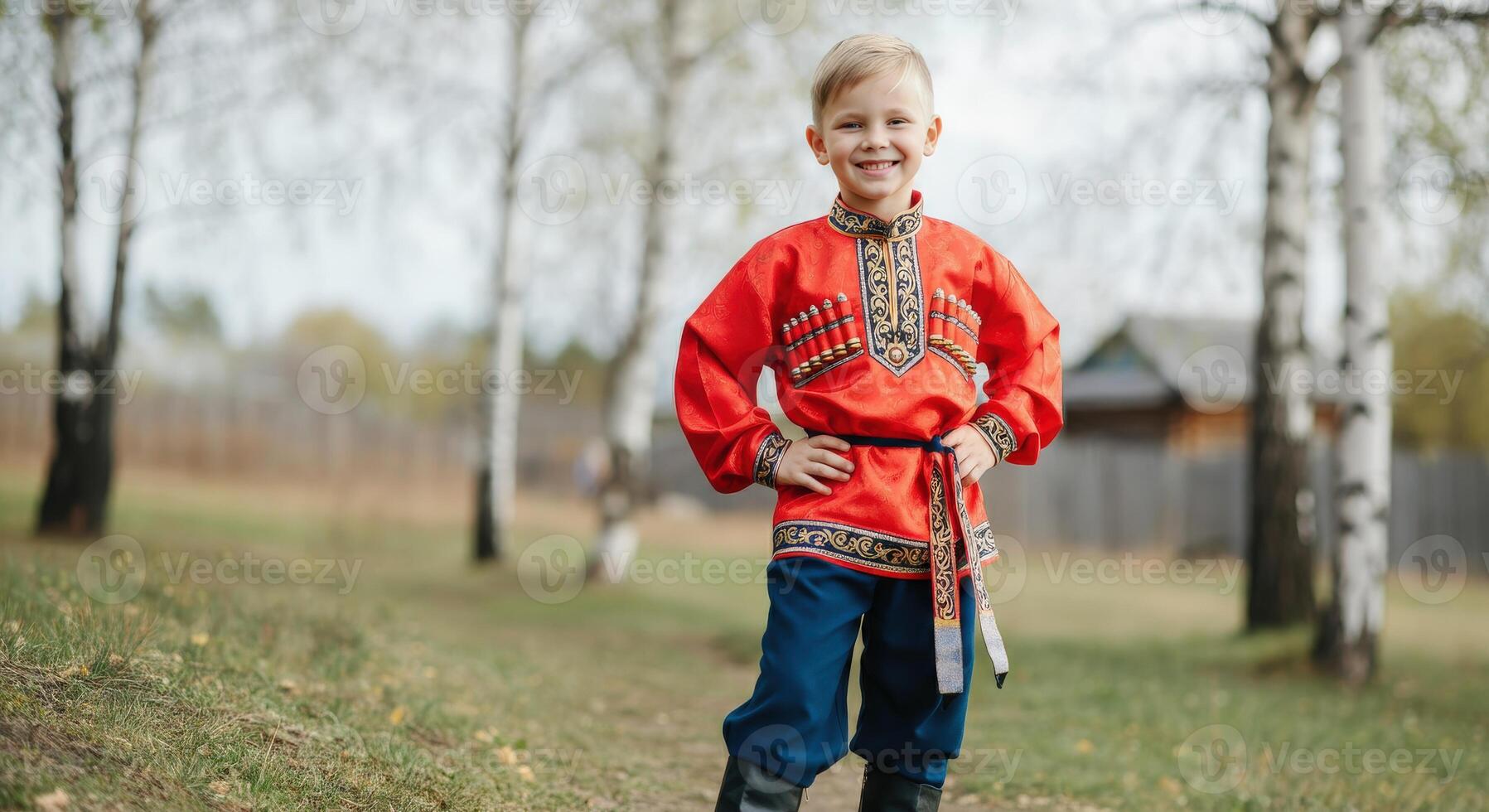 Young boy in traditional eastern european attire outdoors in autumn setting photo