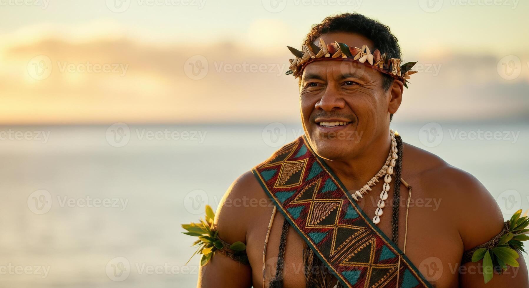 Polynesian elder in traditional attire with ocean background at sunset photo