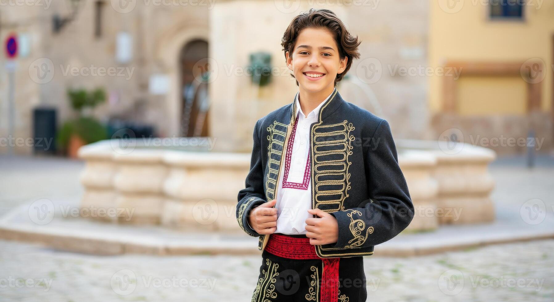 Young hispanic teen in traditional attire smiling outdoors for cultural heritage festival photo