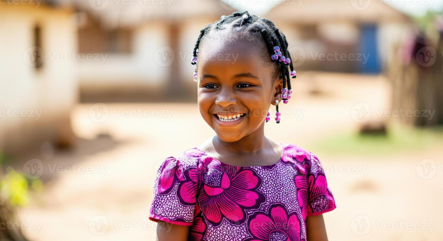Joyful african child in traditional dress smiling outdoors in rural village setting photo