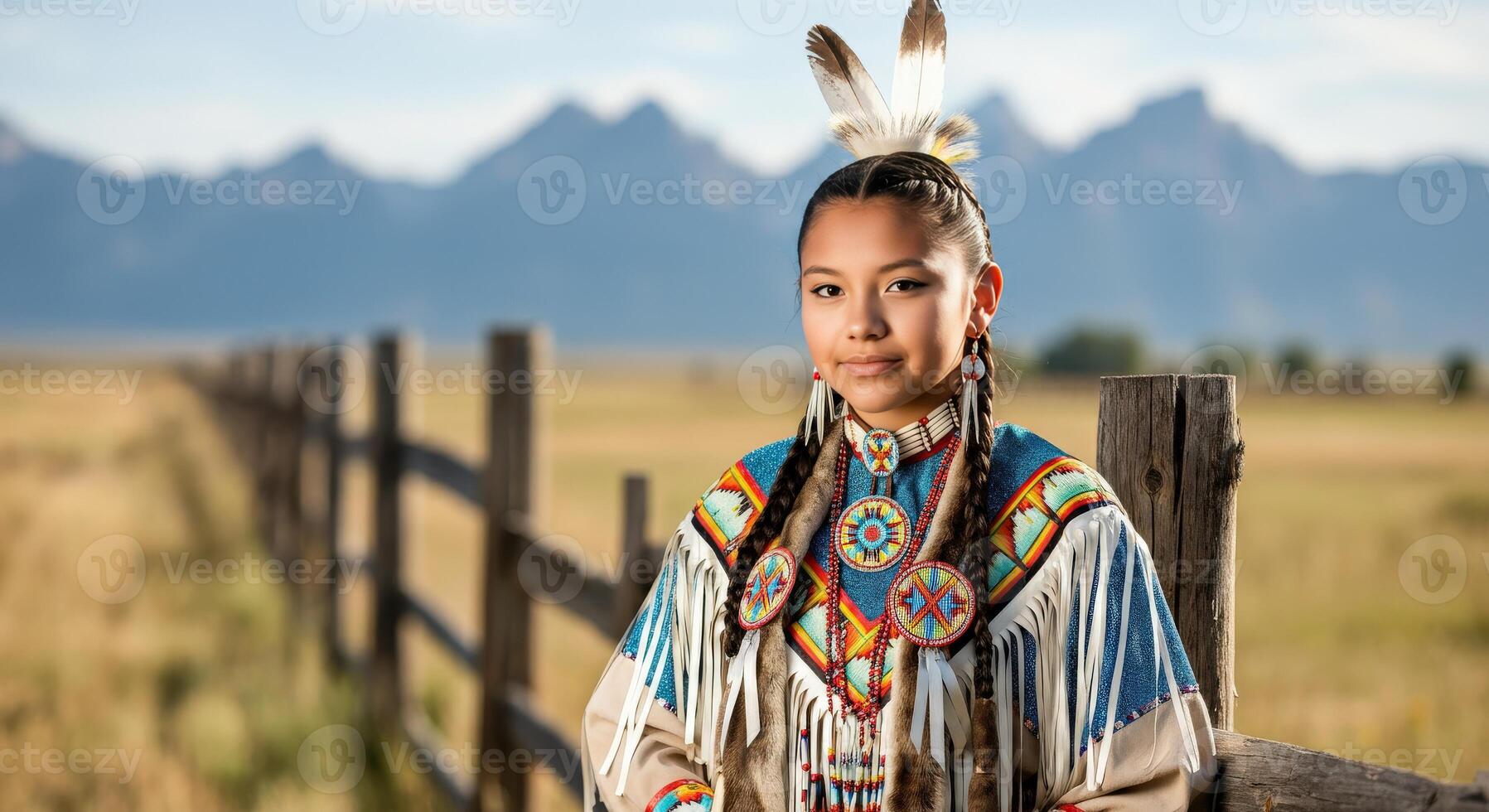 Young native american girl in traditional dress with stunning mountain landscape photo