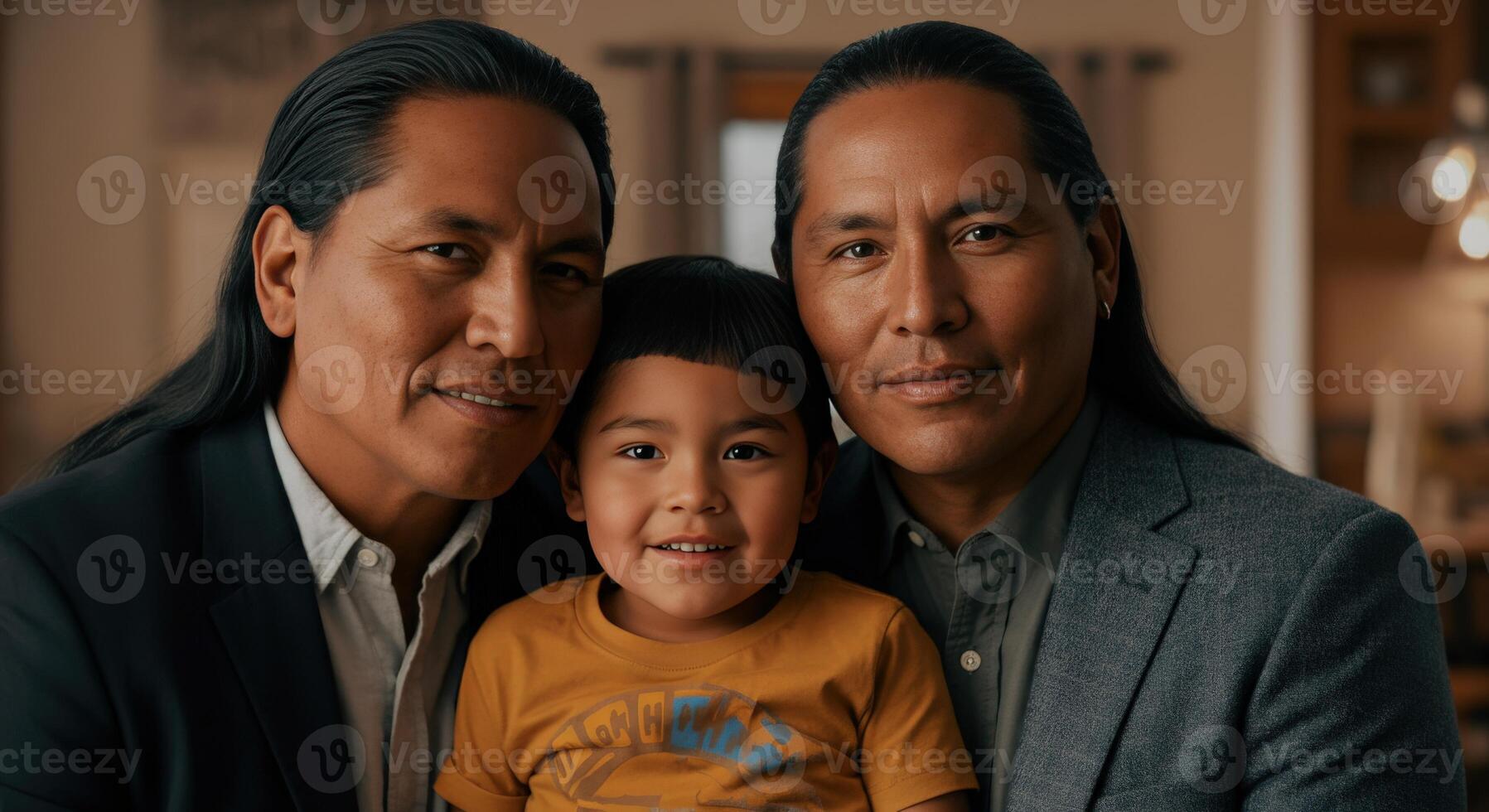 Native american family portrait with smiling young child in cozy home setting photo