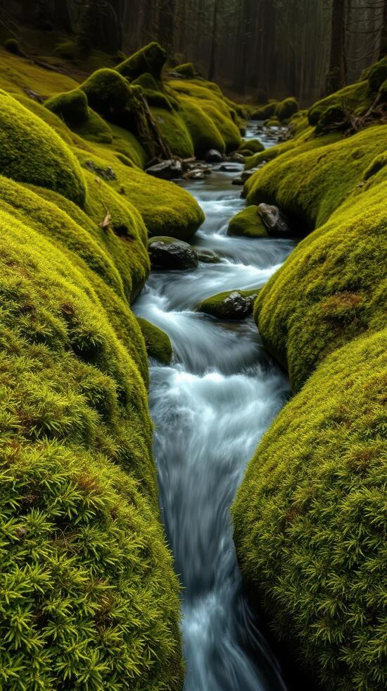 A stream runs through a moss covered forest photo