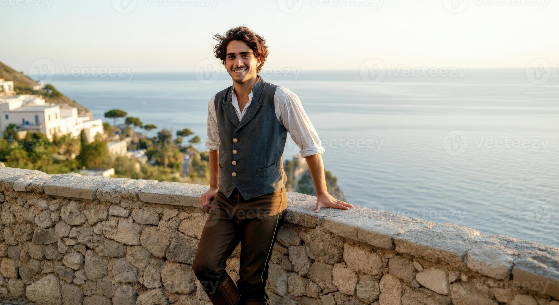 Young hispanic male smiling by mediterranean coastline at sunset photo