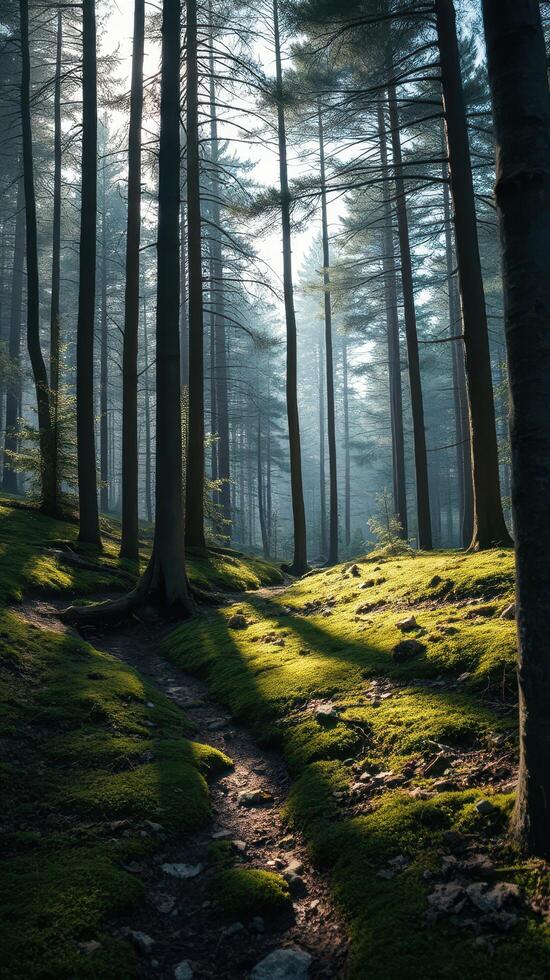 A path through a forest with trees and grass photo