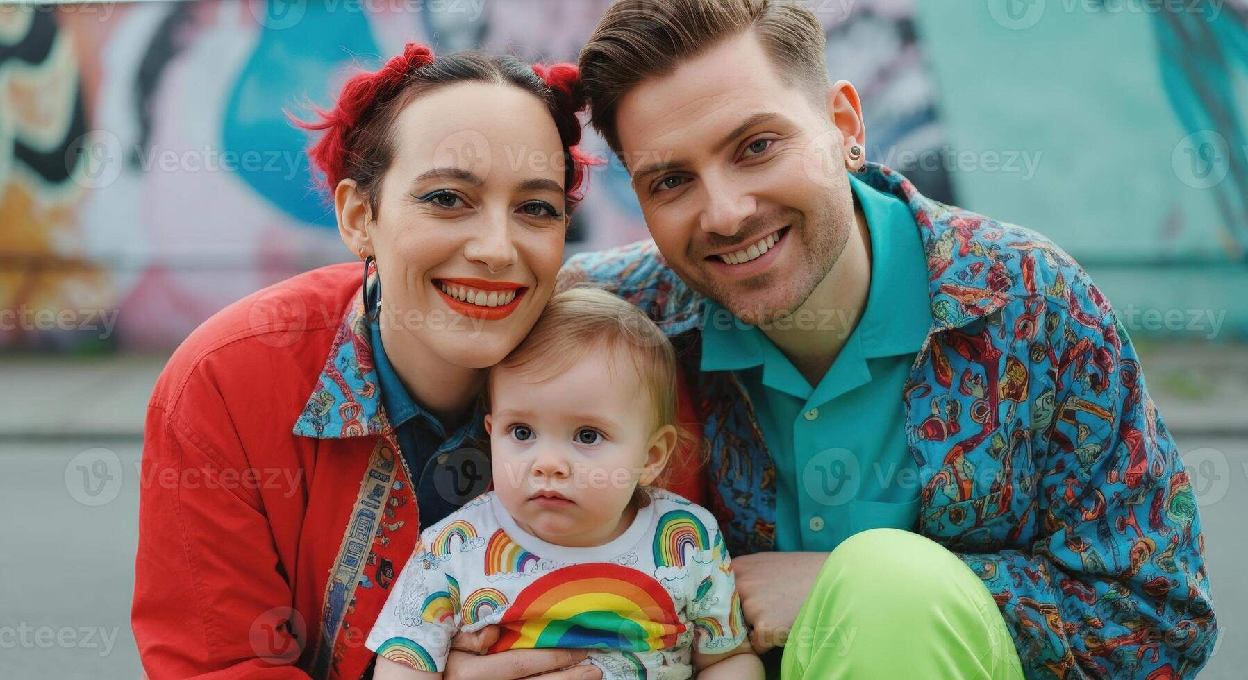 Happy young family with rainbow shirted child in front of urban mural, celebrating diversity and love photo
