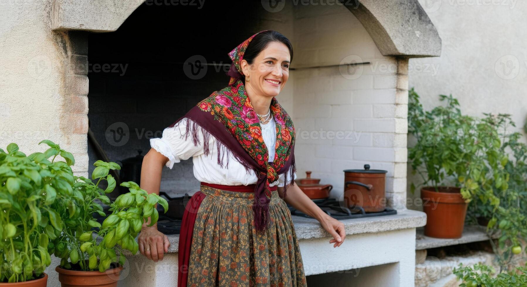 Traditional european cooking scene with mature woman in colorful headscarf by outdoor oven photo