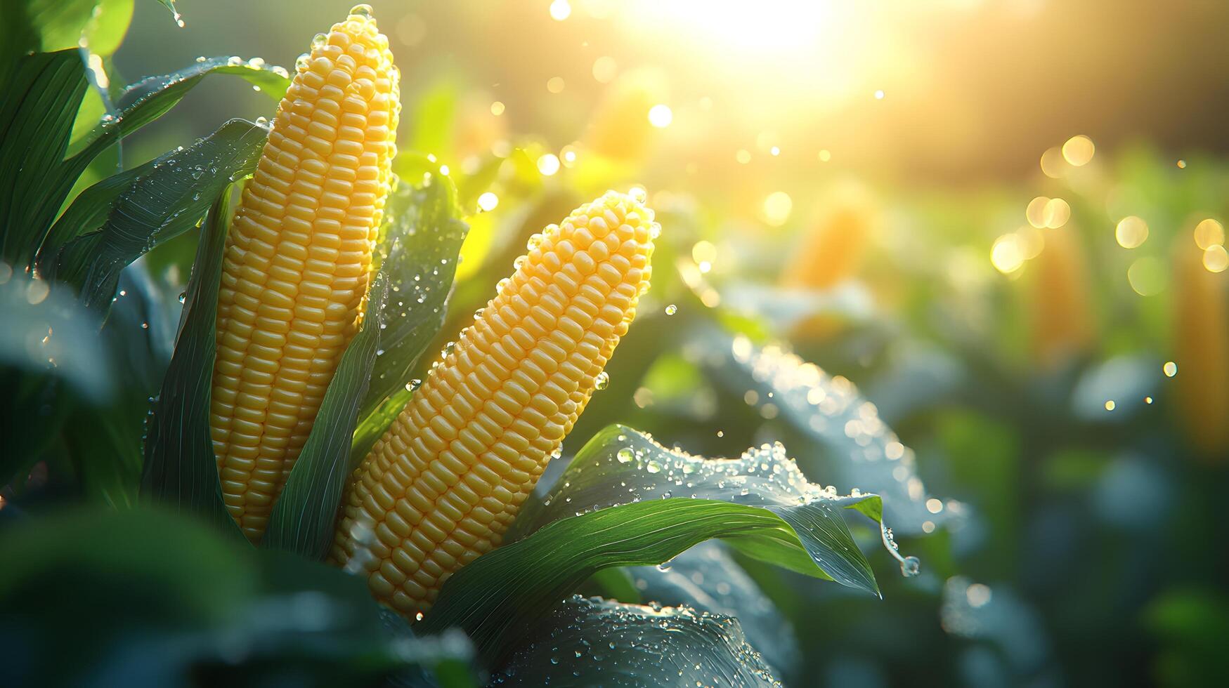 3D cartoon corn on the cob with stylized yellow kernels, featuring vibrant green leaves with water droplets and golden sunlight effect in glossy finish. vegetable photo