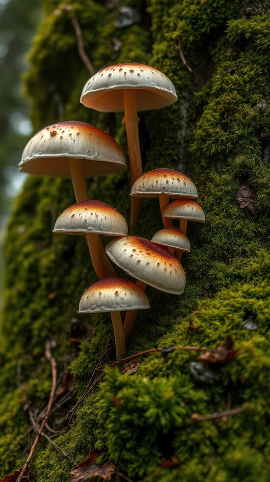 A group of mushrooms growing on a tree trunk photo